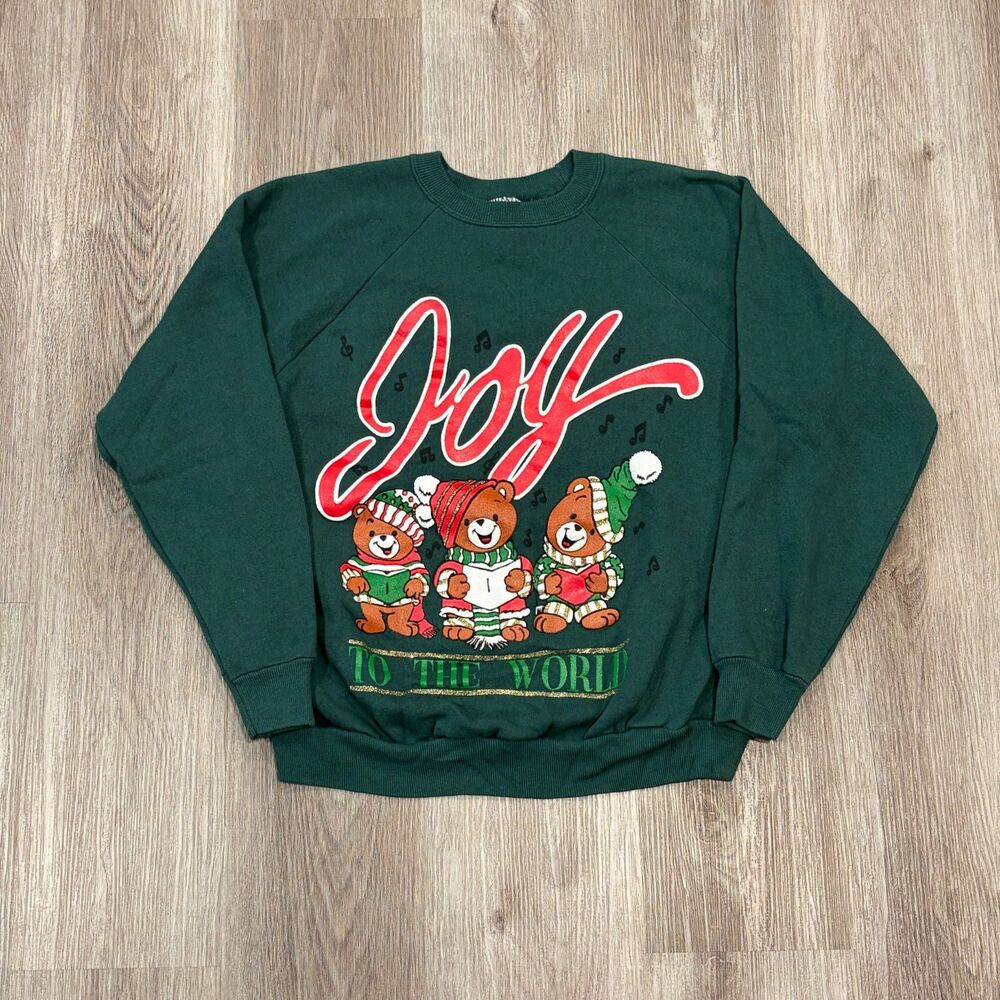 Vintage 80s Joy to the World Raglan Sweatshirt Women’s Large Singing Bears Green